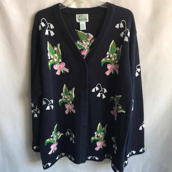 Quacker Factory Sweaters - Quacker Factory stunning heavyweight navy cardigan with floral accents, size 1X